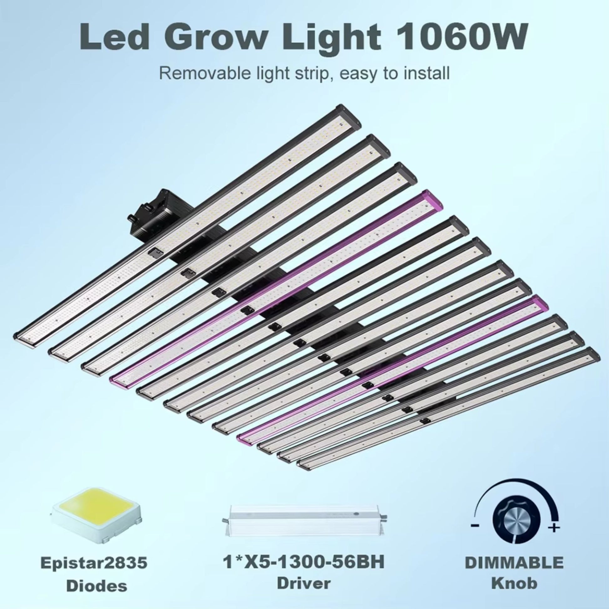 Exploded view of the 1060W LED Grow Light, showcasing its easy-to-install removable light strips, high-quality Epistar 2835 Diodes, and dedicated LED driver, along with a dimmable knob for versatile control in New Zealand horticultural setups