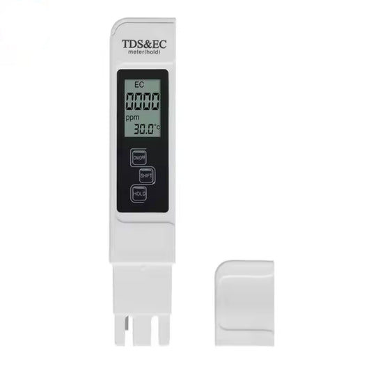 Close-up of a white 4-in-1 Digital Hydroponic Meter, showing its digital display with EC, ppm (TDS), and temperature (30.0°C) readings, and user-friendly buttons for precise water and nutrient testing in New Zealand