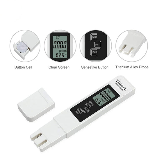 White 4-in-1 Digital Hydroponic Meter with visual callouts highlighting its key features: button cell battery, clear digital screen displaying EC/TDS, sensitive control buttons, and a titanium alloy probe for accurate pH, EC, TDS, and temperature measurements for growers in New Zealand