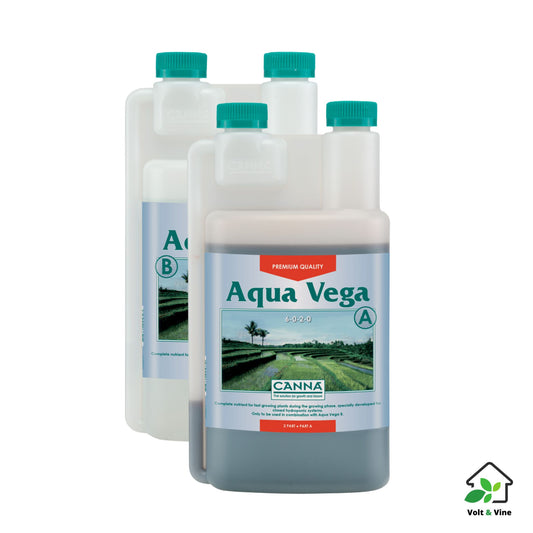 Two 250ml bottles of CANNA Aqua Vega nutrient solution for the vegetative stage in hydroponic systems