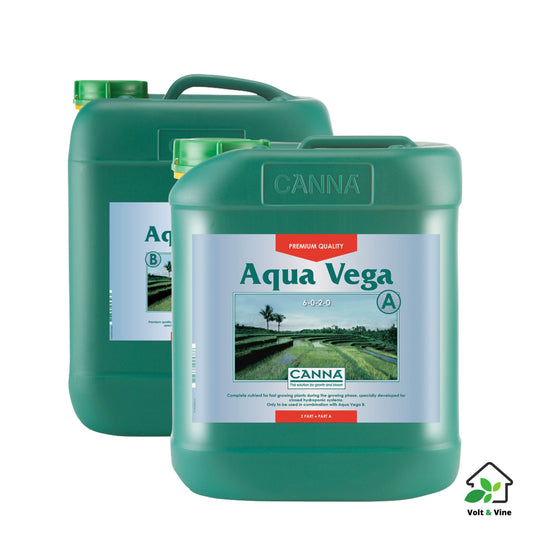 A 5-liter bottle of CANNA Aqua Vega nutrient solution for the vegetative stage in hydroponic systems