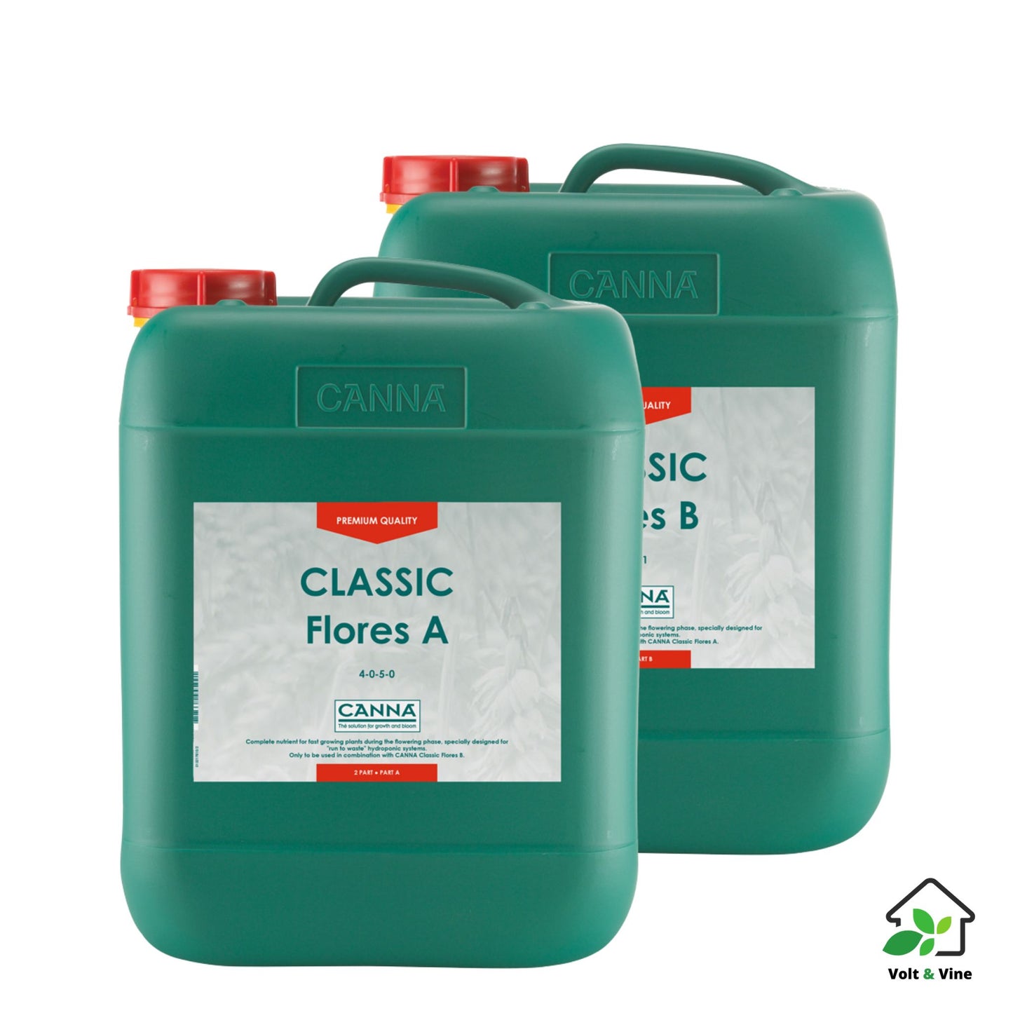 A 5-liter bottle of CANNA Classic Flores nutrient solution for the flowering stage