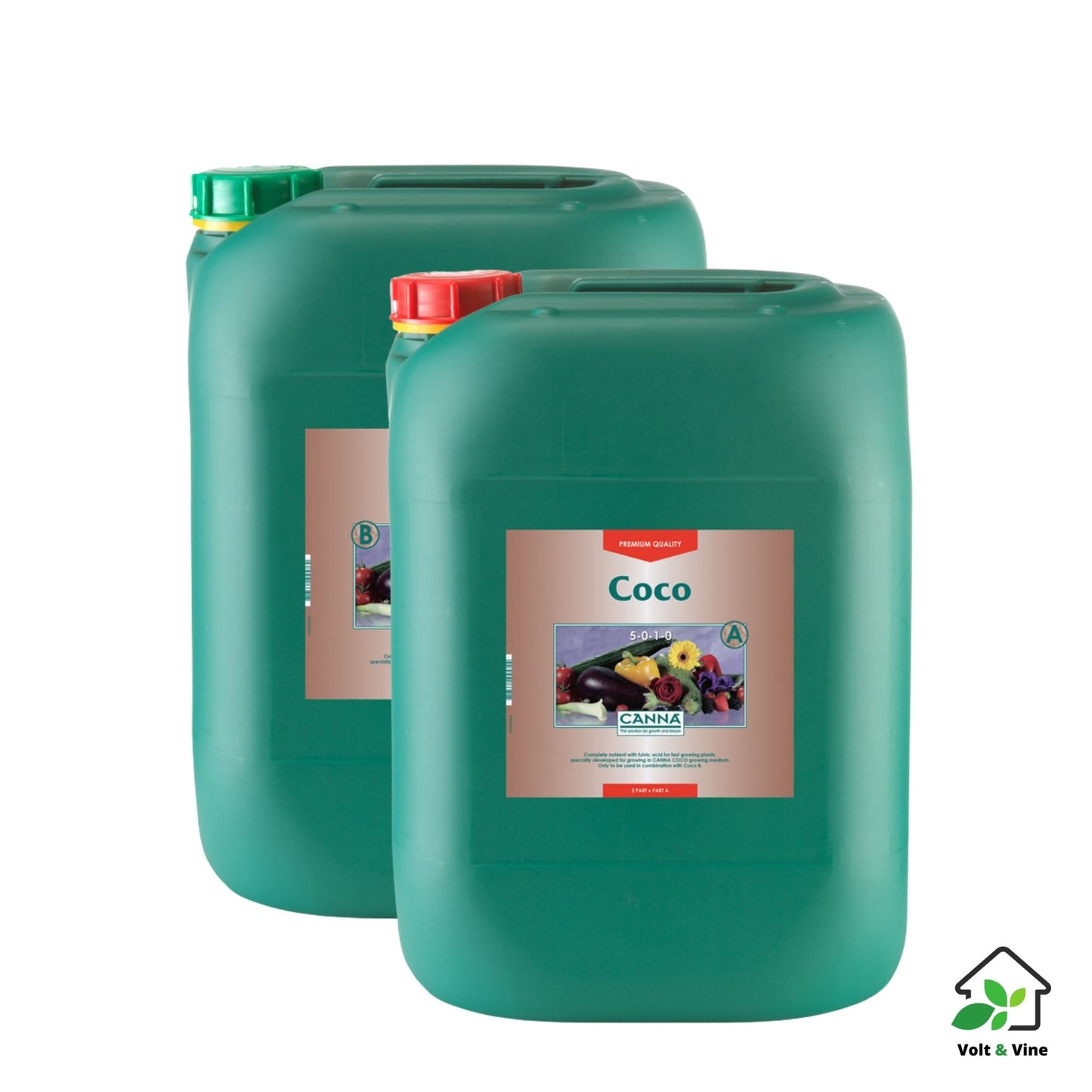Two 20-liter bottles, part A and part B, of CANNA Coco nutrient solution for coco coir.