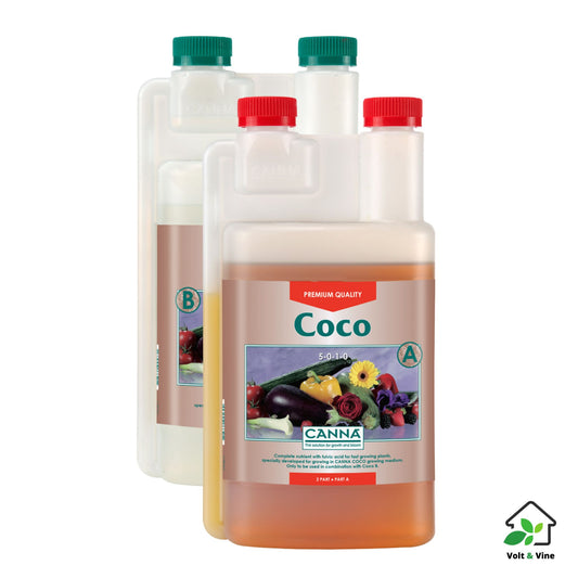 Two 250ml bottles, part A and part B, of CANNA Coco nutrient solution for coco coir
