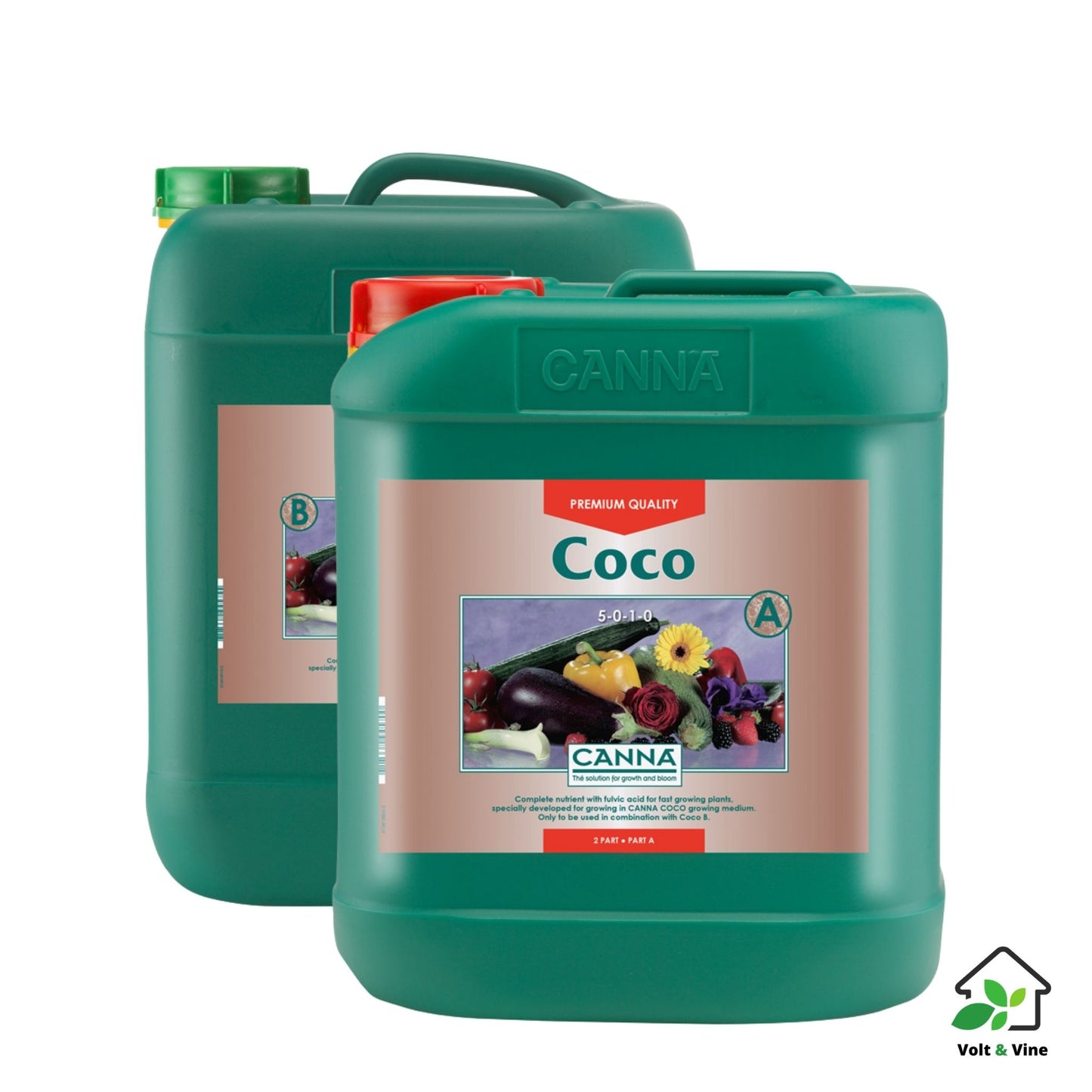 Two 5-liter bottles, part A and part B, of CANNA Coco nutrient solution for coco coir