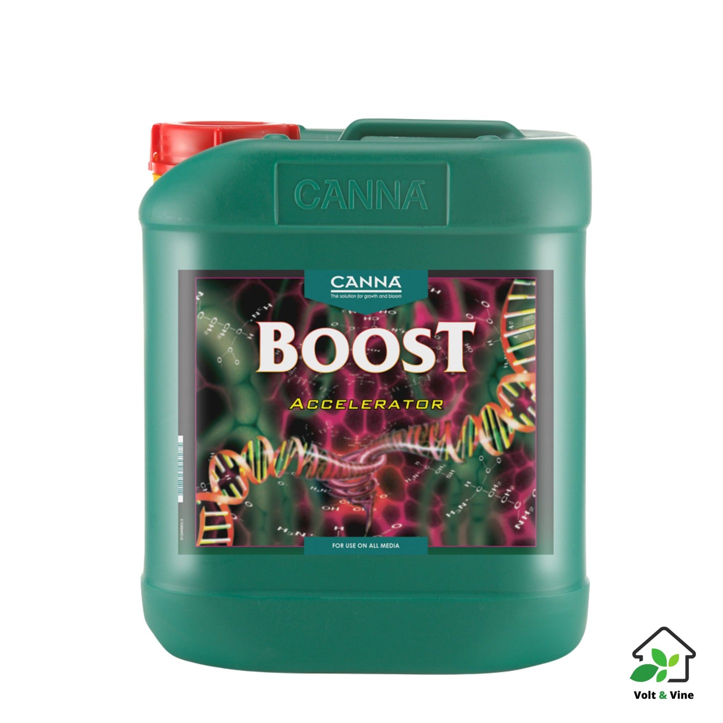 A 5-liter bottle of Canna Boost Accelerator, an additive to enhance flowering