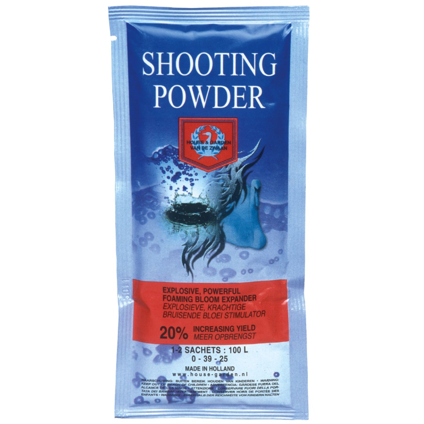 Single sachet of House & Garden Shooting Powder, an explosive bloom expander for maximizing flower production in NZ growing setups