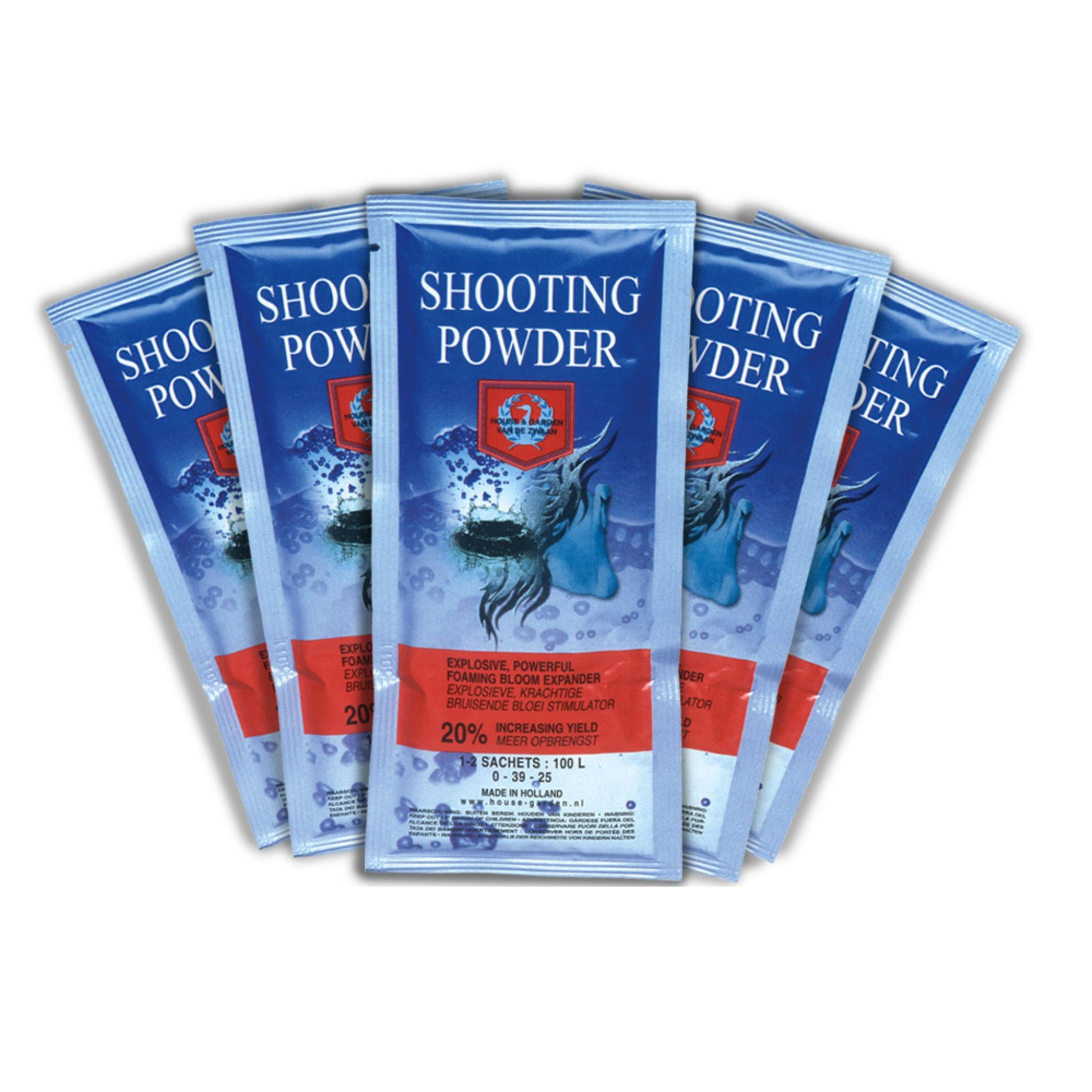 Five individual House & Garden Shooting Powder sachets, a powerful bloom stimulant designed for late-stage flowering in New Zealand gardens