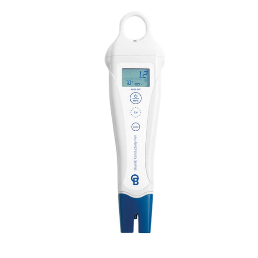 Front view of the Bluelab EC Conductivity Pen, a portable handheld meter with a digital display showing 1.2 EC, designed for accurate nutrient strength and temperature measurement in hydroponic solutions in New Zealand