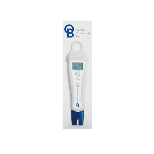 Bluelab EC Conductivity Pen shown in its retail blister packaging, displaying the pen with a reading of 1.2 EC, indicating a precise instrument for measuring nutrient strength in hydroponics for New Zealand growers