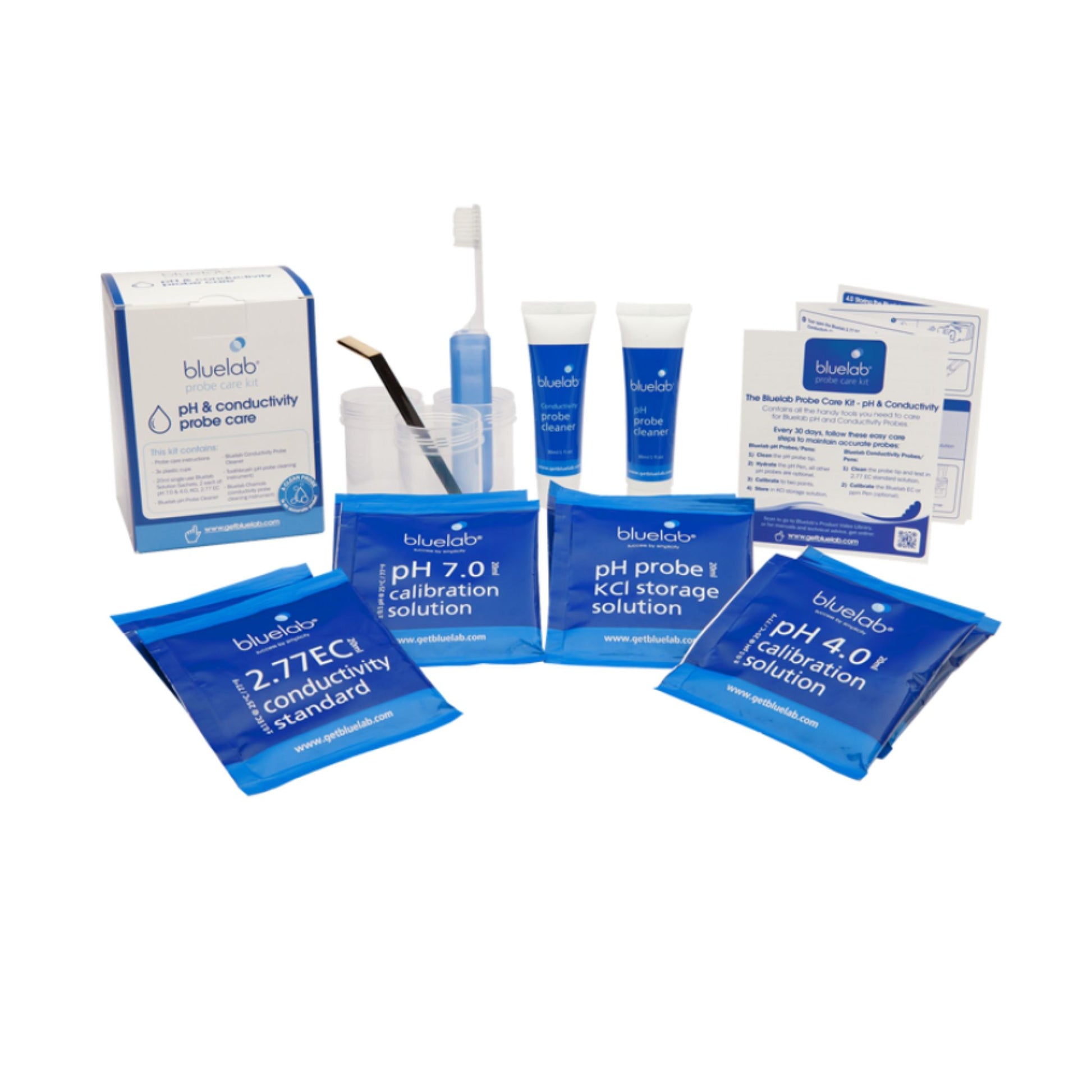 Bluelab pH and Conductivity Probe Care Kit, a comprehensive maintenance set including pH 7.0, pH 4.0, 2.77 EC calibration solutions, KCI storage solution, probe cleaner, and cleaning tools, vital for accurate nutrient and pH readings in New Zealand hydroponic systems