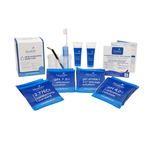Bluelab pH and Conductivity Probe Care Kit, a comprehensive maintenance set including pH 7.0, pH 4.0, 2.77 EC calibration solutions, KCI storage solution, probe cleaner, and cleaning tools, vital for accurate nutrient and pH readings in New Zealand hydroponic systems