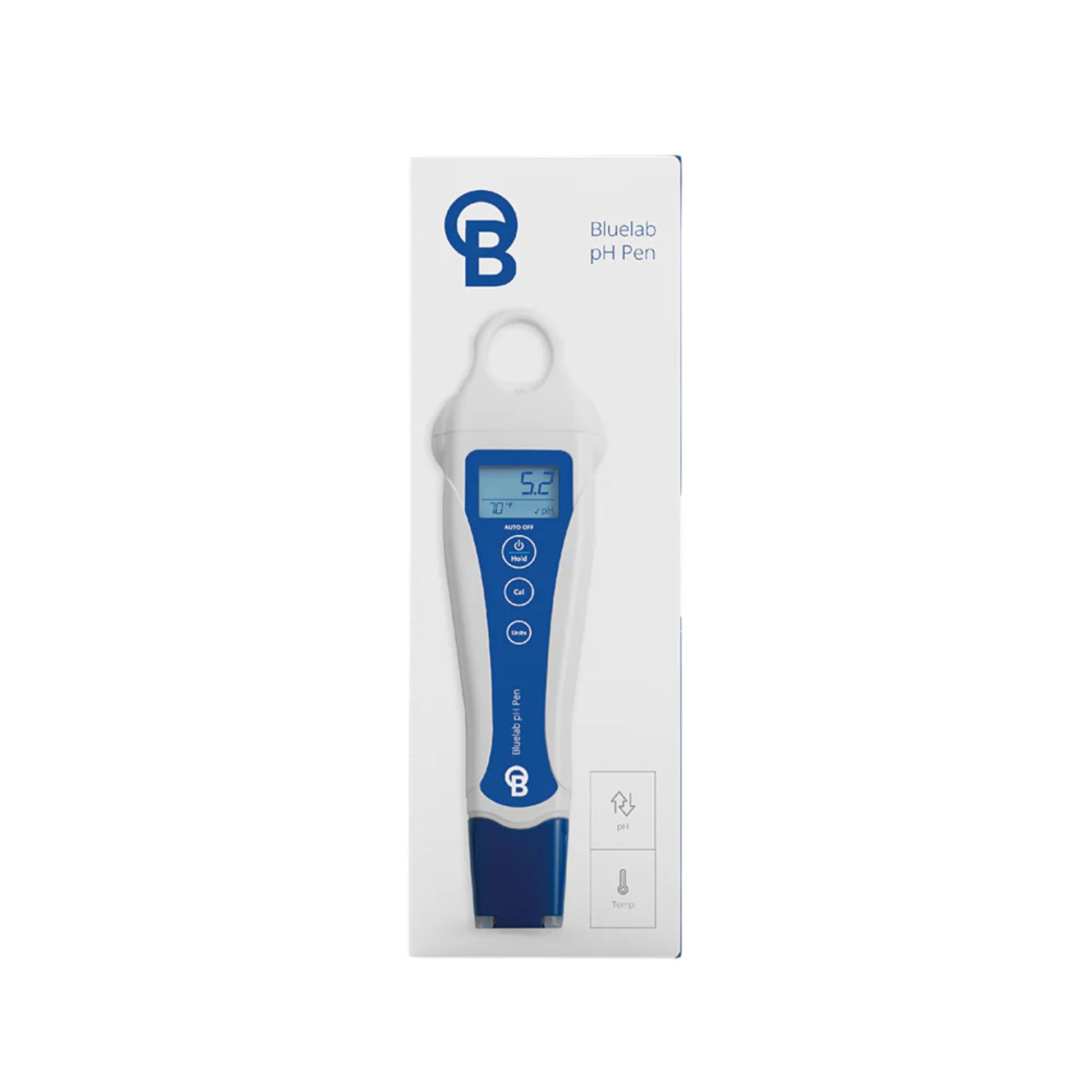 Bluelab pH Pen presented in its retail blister packaging, showcasing the digital pH and temperature display, ideal for precise acidity testing of nutrient solutions for gardeners in New Zealand