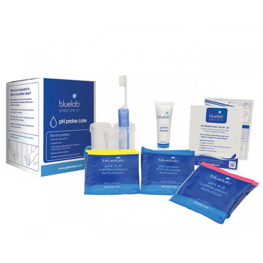 Bluelab pH Probe Care Kit with contents including pH 7.0 and pH 4.0 calibration solutions, KCI storage solution, probe cleaner, a cleaning brush, and plastic cups, essential for maintaining the accuracy and lifespan of pH meters in New Zealand