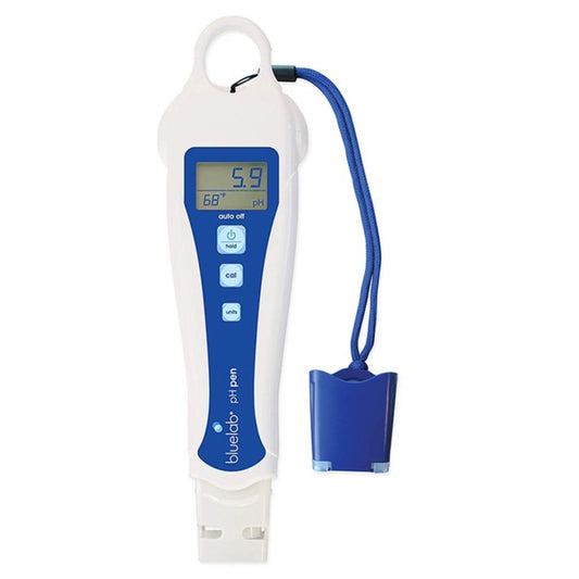 Bluelab pH Pen with its blue protective storage cap and lanyard, a durable and accurate handheld device for monitoring pH levels and temperature of nutrient solutions in New Zealand grow rooms