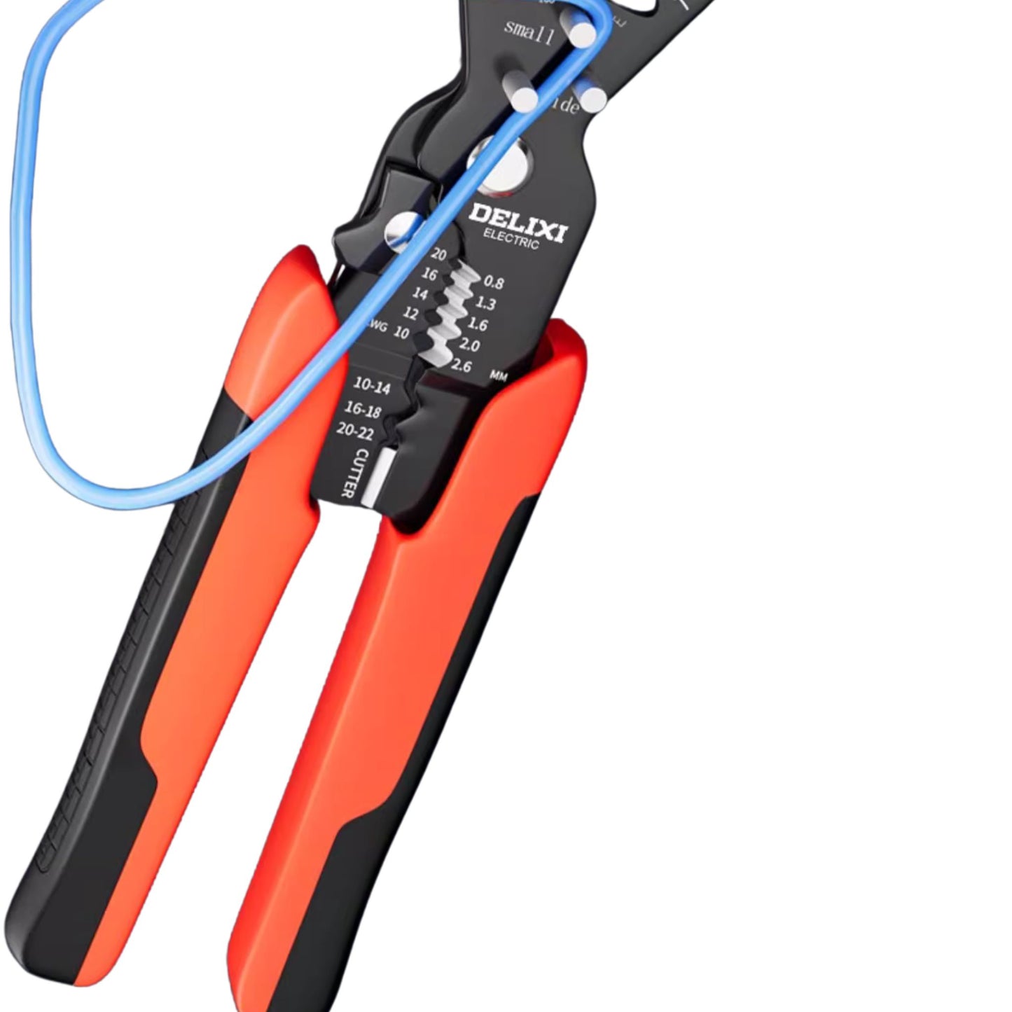 Full view of the Delixi 5-in-1 multifunction wire stripping pliers with ergonomic orange and black handles