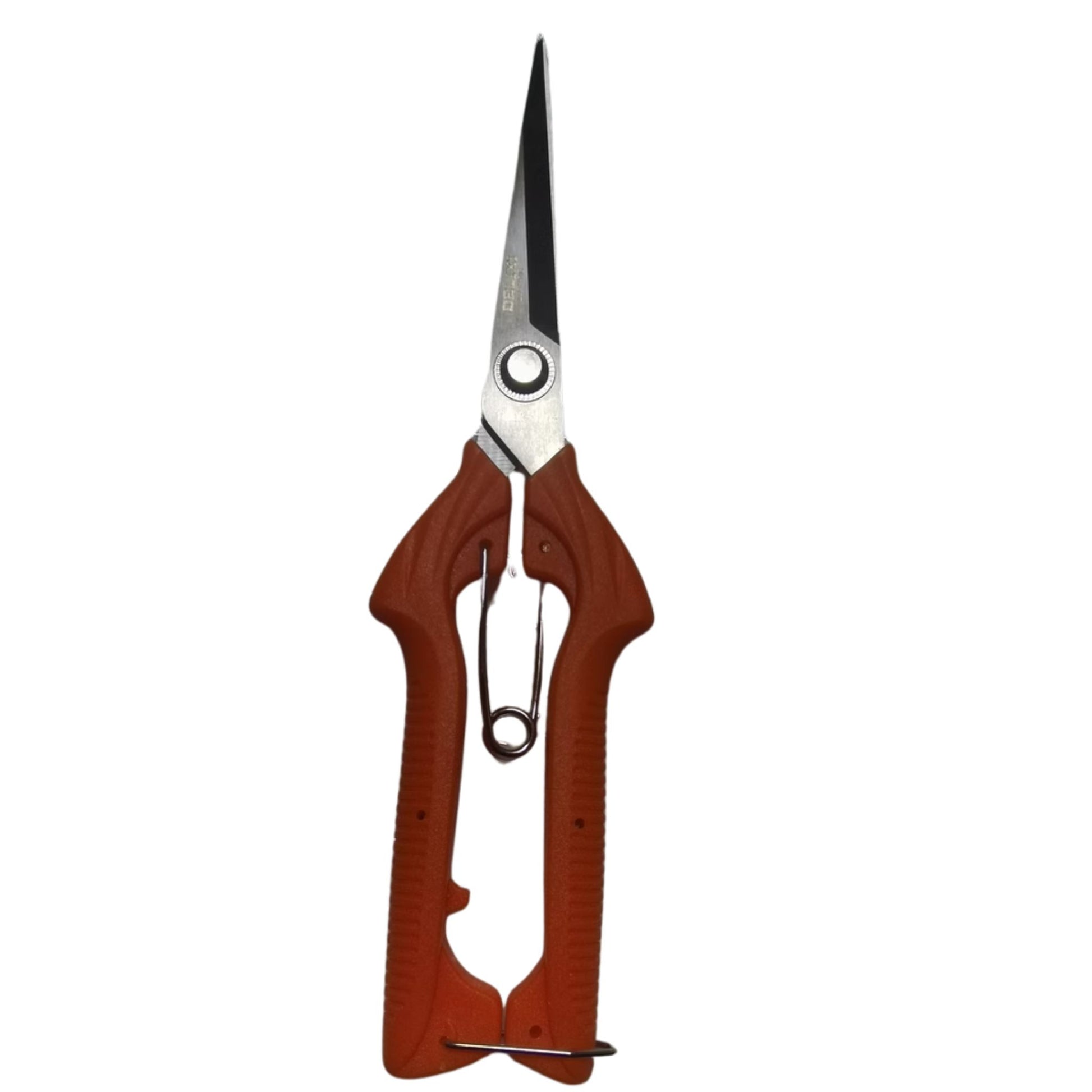 Top-down view of the Delixi fruit and flower pruning scissors with sharp, stainless steel pointed blades and an orange handle