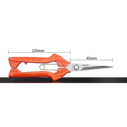 Side profile of the Delixi fruit and flower pruning scissors showing product dimensions: 120mm handle length and 85mm stainless steel blade