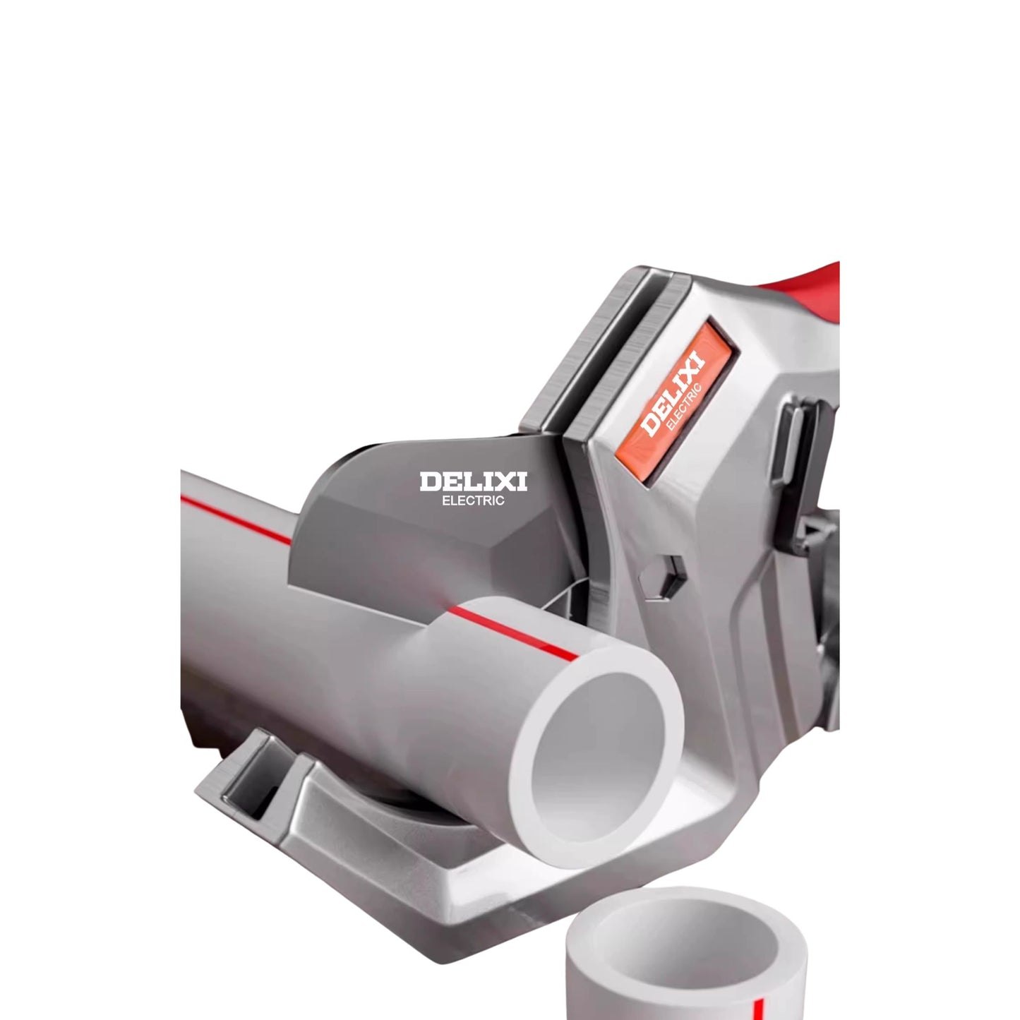 The Delixi SK5 ratcheting pipe cutter making a clean, precise cut through a white PVC pipe