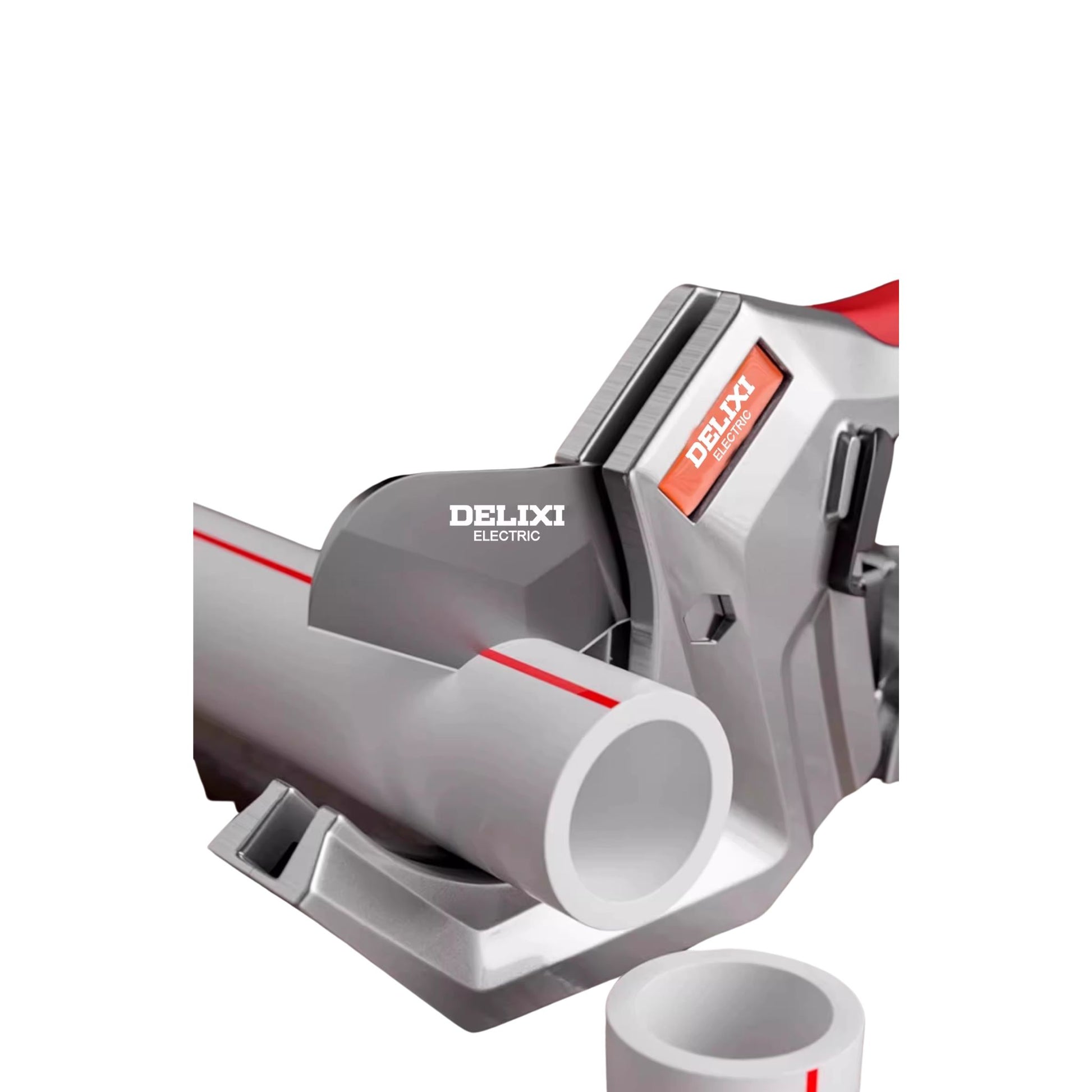 The Delixi SK5 ratcheting pipe cutter making a clean, precise cut through a white PVC pipe