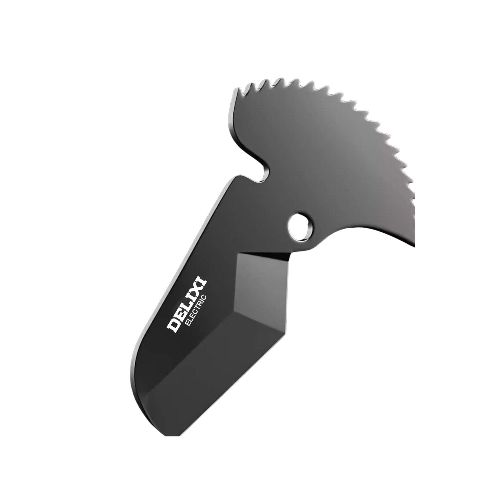 Close-up of the sharp, black SK5 steel blade for the Delixi pipe cutter, showing the serrated cutting edge