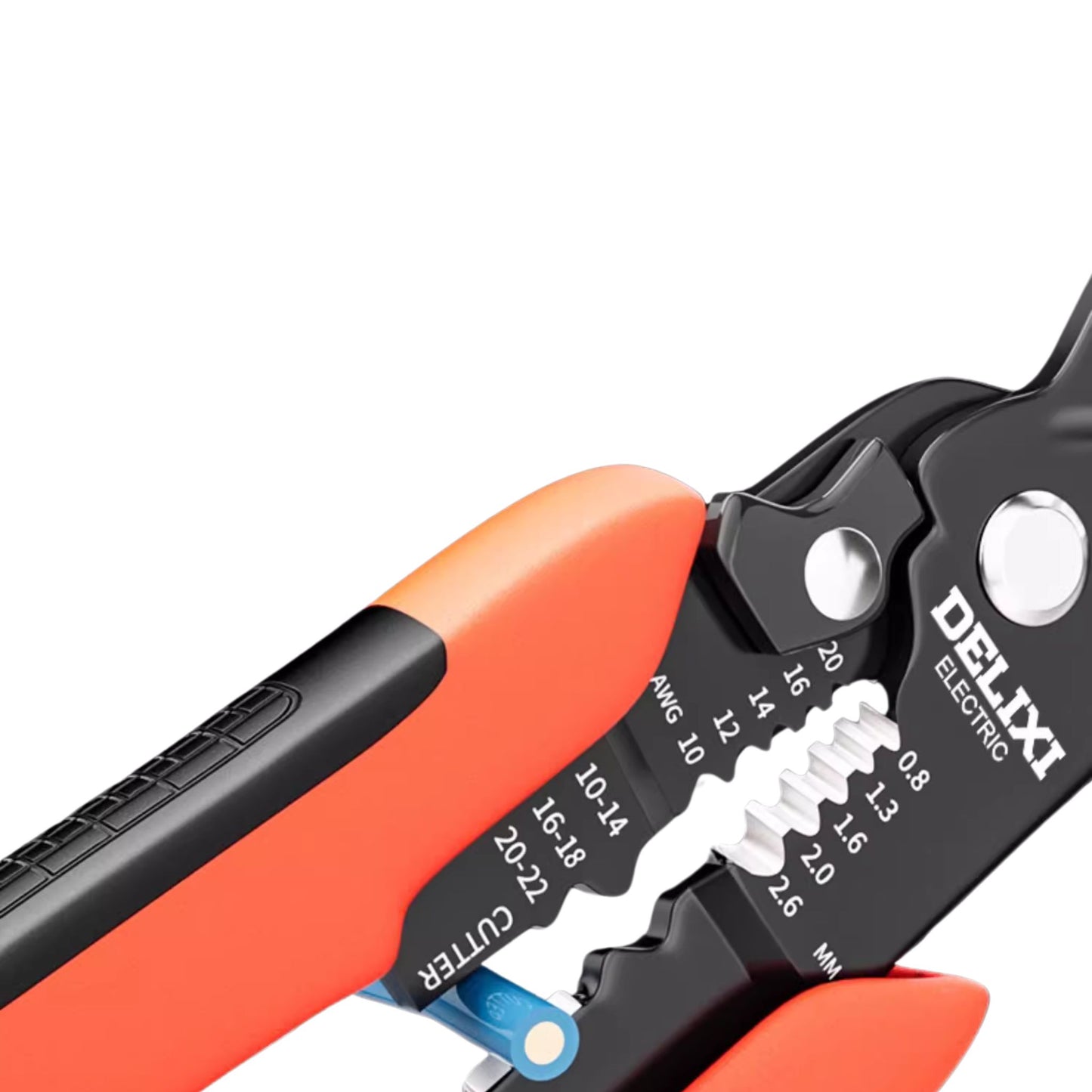 Detailed view of the clearly marked wire stripping holes in both AWG and MM on the Delixi 5-in-1 pliers