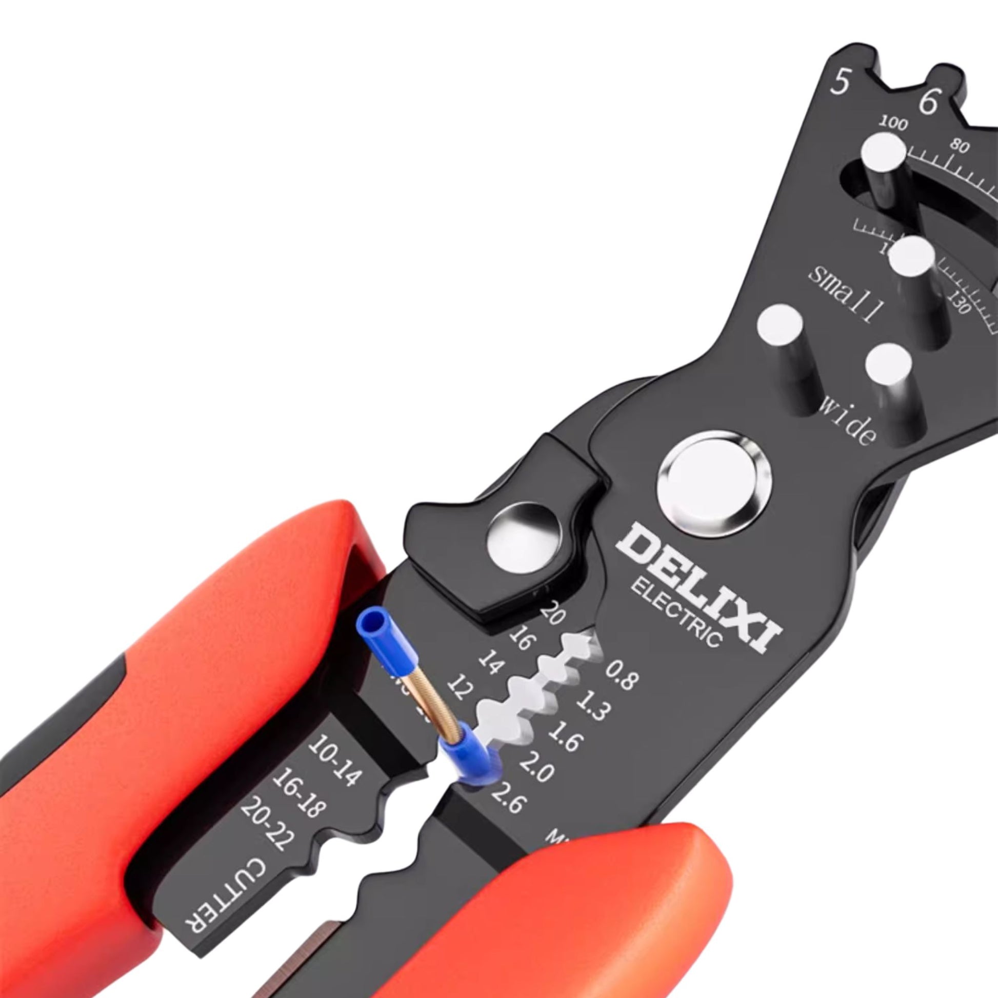 The crimping function of the Delixi pliers being used on a blue insulated wire terminal