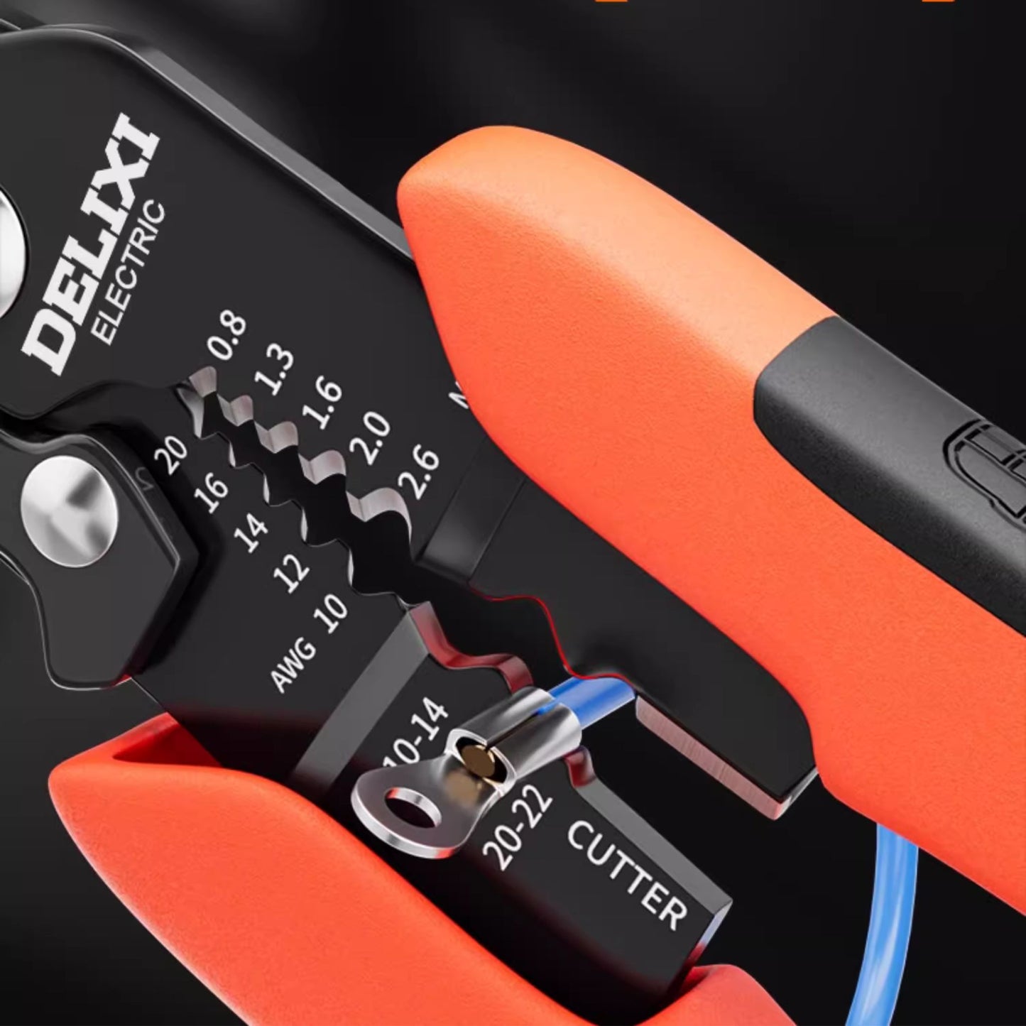 Close-up of the Delixi wire strippers securely crimping a 20-22 AWG ring terminal onto a blue wire