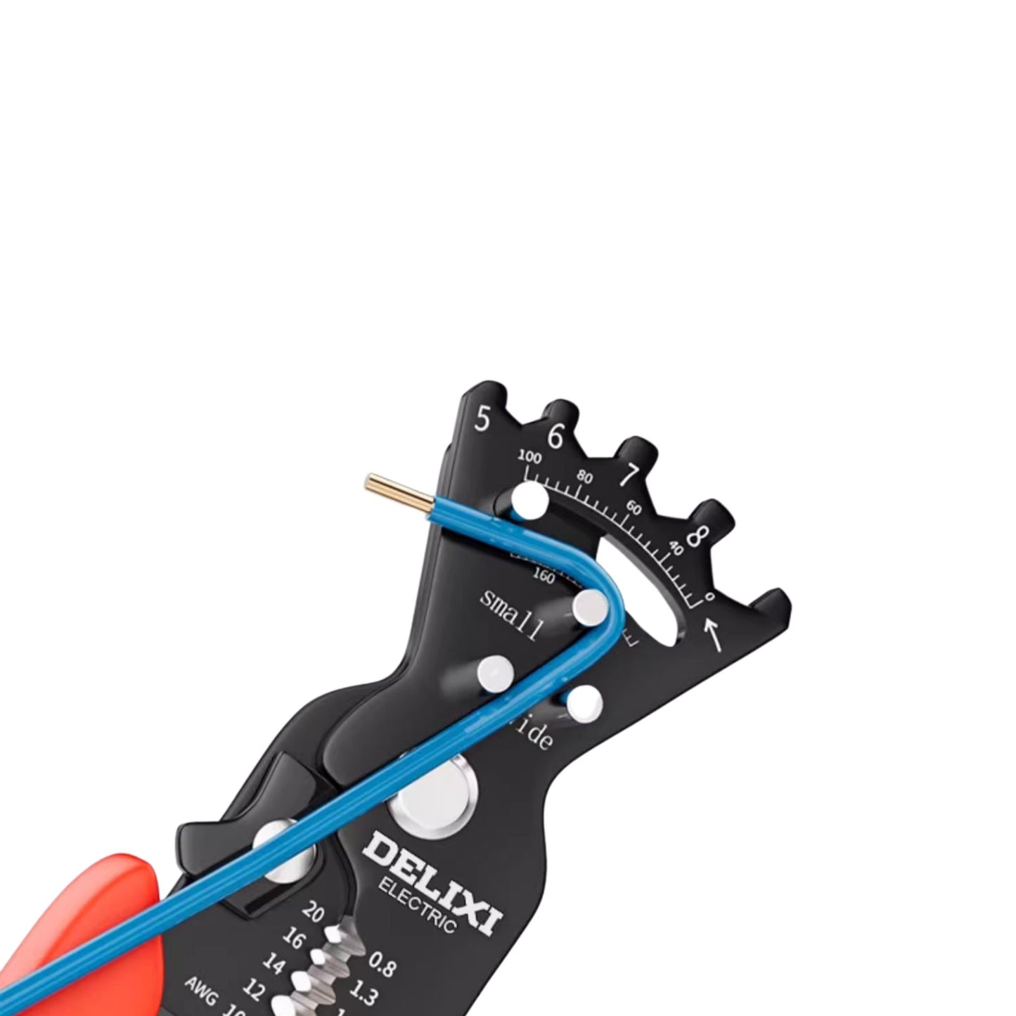 The Delixi 5-in-1 tool precisely stripping the insulation from a blue electrical wire using the top stripping blades