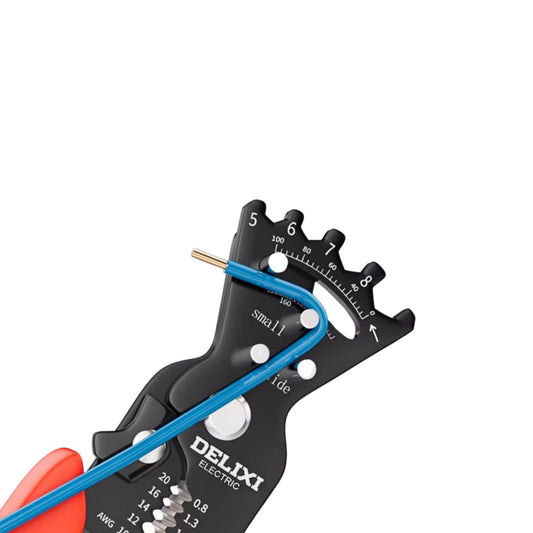 The Delixi 5-in-1 tool precisely stripping the insulation from a blue electrical wire using the top stripping blades