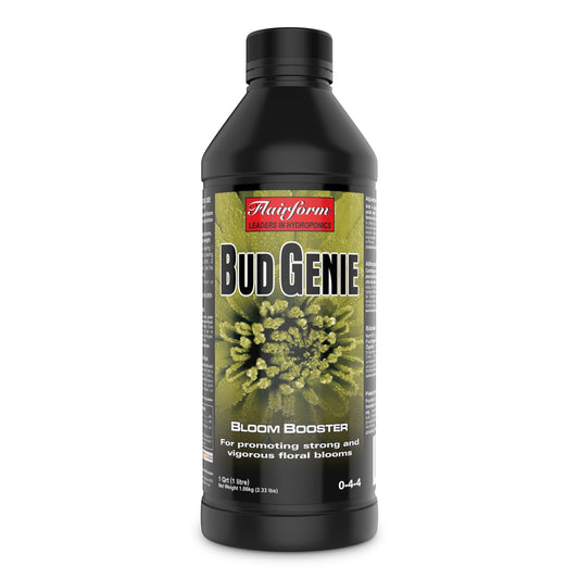 1-liter bottle of Flairform Bud Genie, a potent bloom stimulant promoting robust flower development and enhancing yields in all New Zealand growing methods