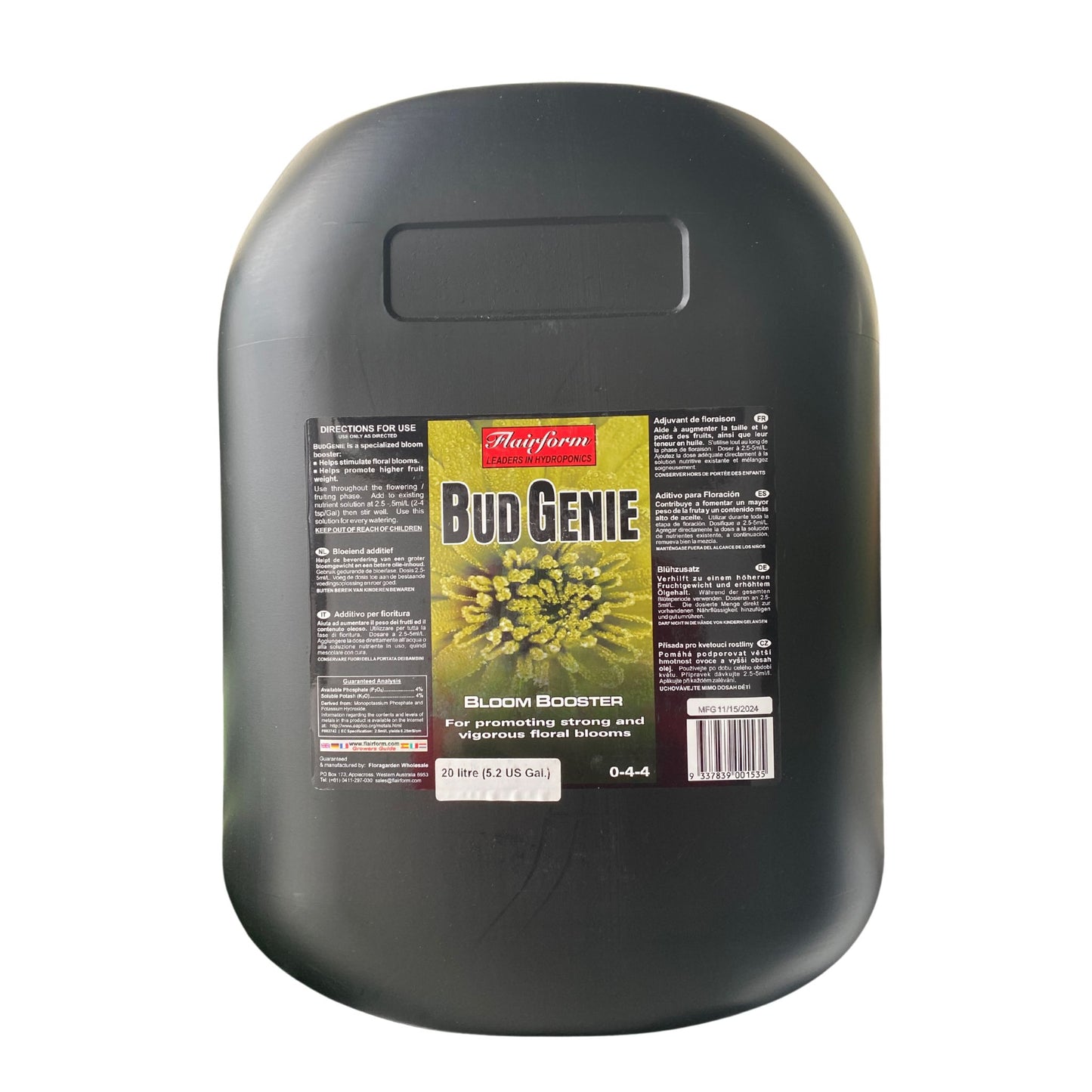 Large 20-liter container of Flairform Bud Genie, a powerful bloom booster for promoting strong and vigorous floral blooms and maximizing yields in New Zealand hydroponics