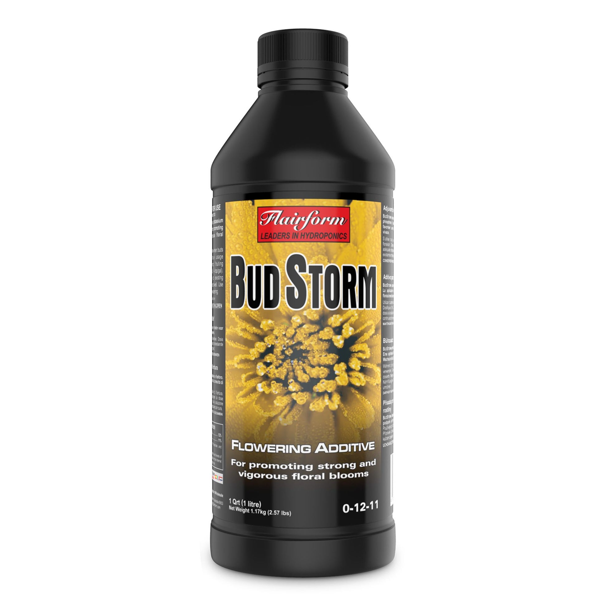 1-liter bottle of Flairform Bud Storm, a potent flowering additive designed to promote strong and vigorous floral blooms for growers in New Zealand
