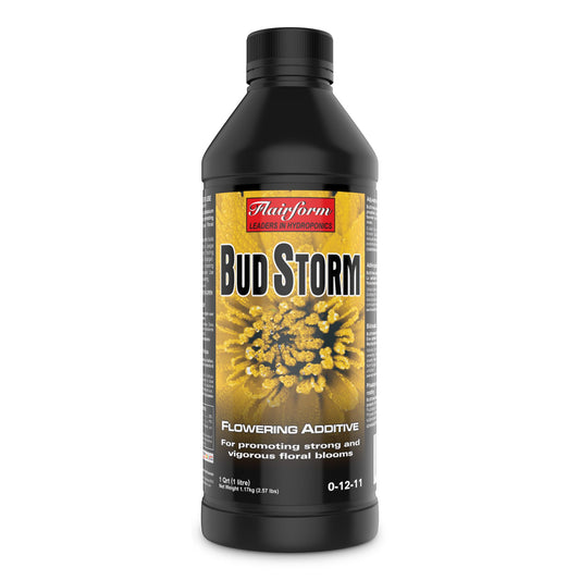 1-liter bottle of Flairform Bud Storm, a potent flowering additive designed to promote strong and vigorous floral blooms for growers in New Zealand