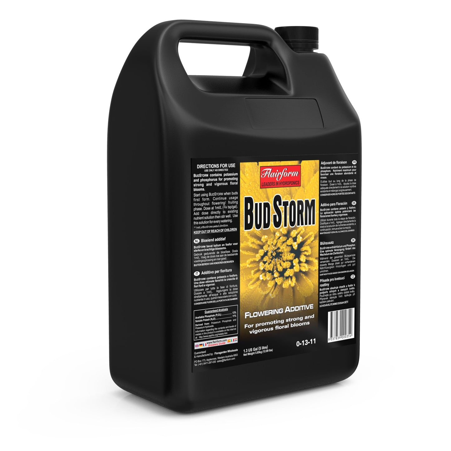 Large 5-liter jug of Flairform Bud Storm, a powerful liquid flowering additive for significantly increasing bud size and density in NZ hydroponic and soil grows