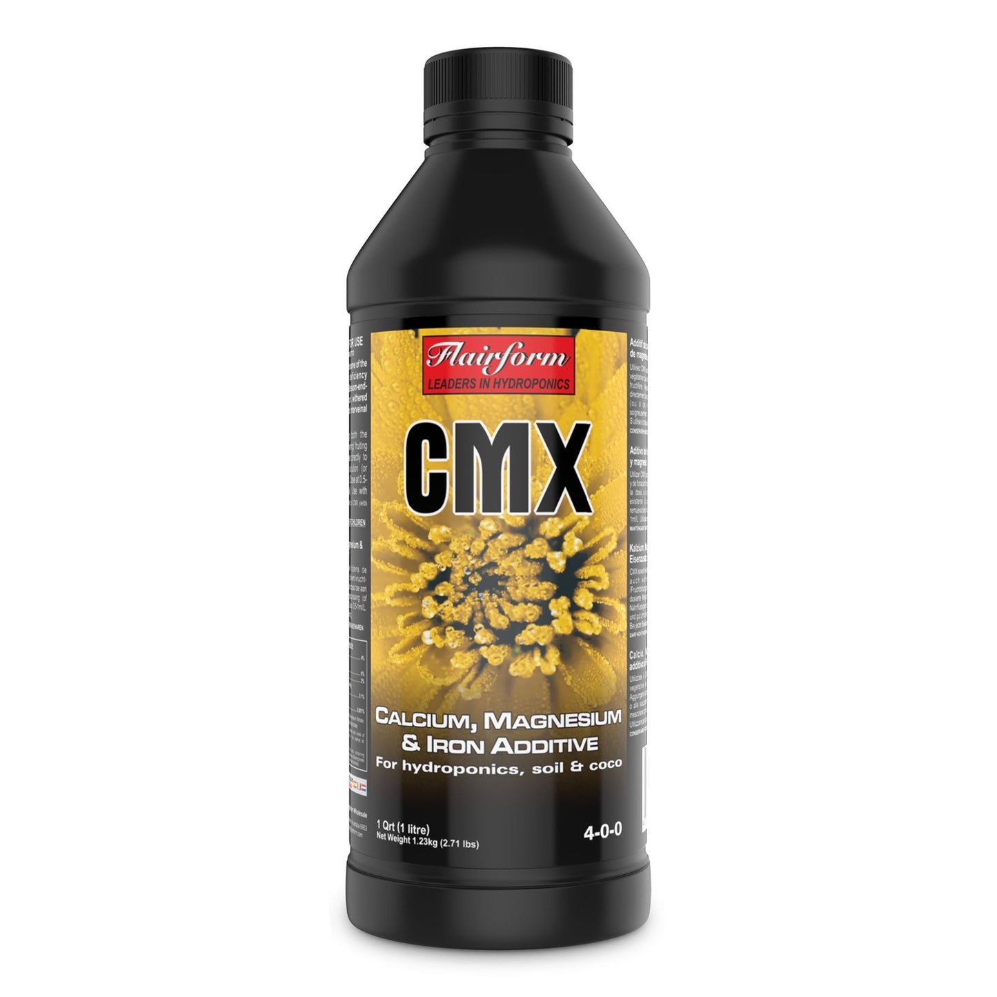 A 1-liter bottle of Flairform CMX, a specialized calcium, magnesium, and iron additive for preventing deficiencies and boosting plant health in hydroponic, soil, and coco growing systems in New Zealand