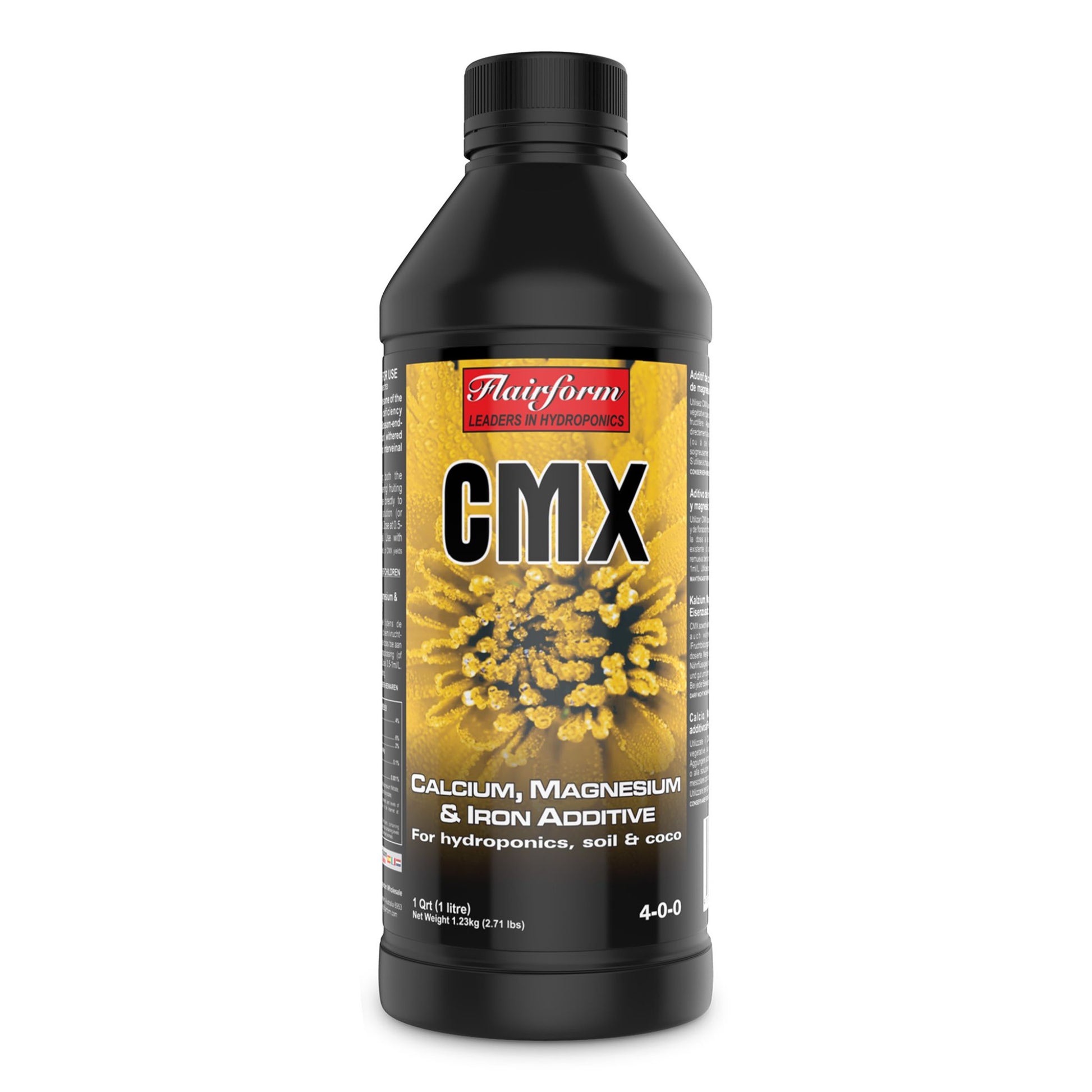 A 1-liter bottle of Flairform CMX, a specialized calcium, magnesium, and iron additive for preventing deficiencies and boosting plant health in hydroponic, soil, and coco growing systems in New Zealand
