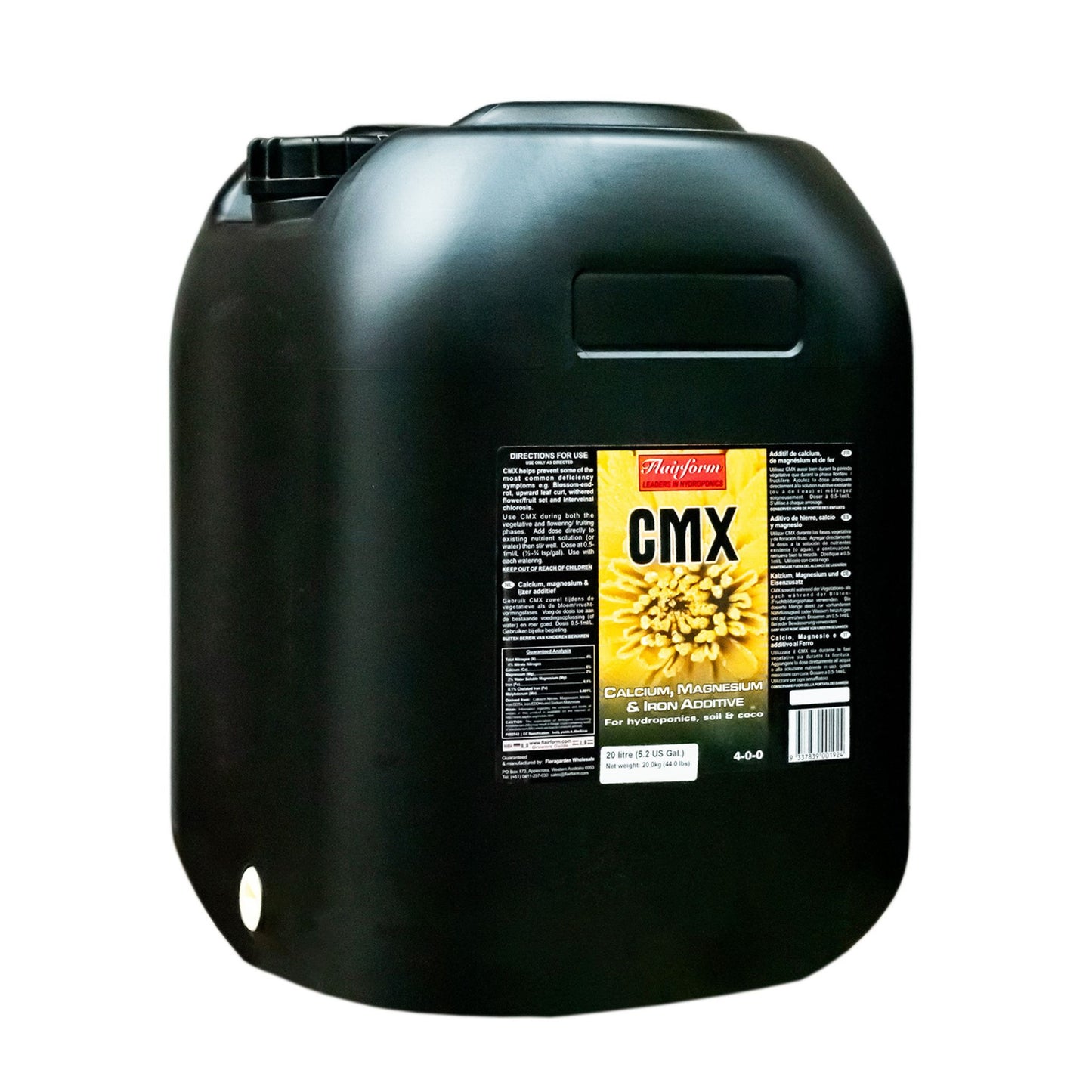 Large 20-liter container of Flairform CMX, a concentrated calcium, magnesium, and iron supplement vital for strong plant development and preventing nutrient lockout in New Zealand growing operations