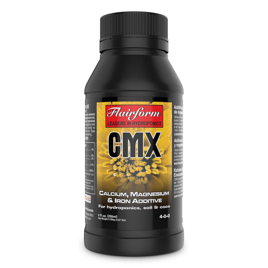 A 250ml bottle of Flairform CMX, an essential calcium and magnesium supplement with added iron for resolving mineral deficiencies and promoting vigorous growth in all cultivation types in NZ