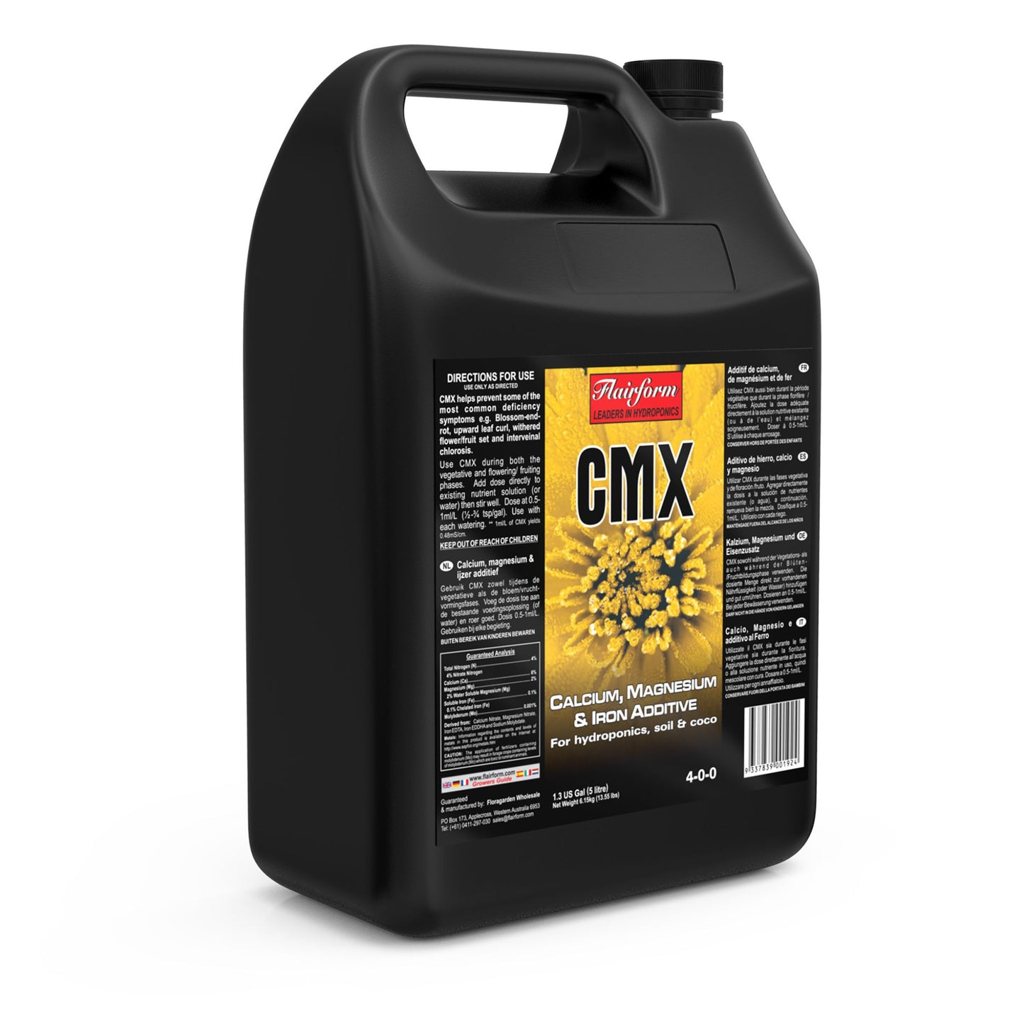 A 5-liter jug of Flairform CMX, a powerful calcium, magnesium, and iron nutrient additive designed to correct and prevent common mineral deficiencies in plants grown in hydroponics, soil, or coco in NZ