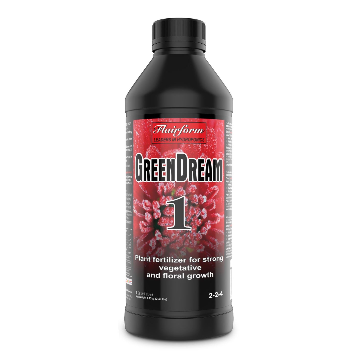 1-liter bottle of Flairform Green Dream 1, a versatile plant fertilizer promoting strong vegetative and floral growth for hydroponic, soil, and coco cultivation in New Zealand