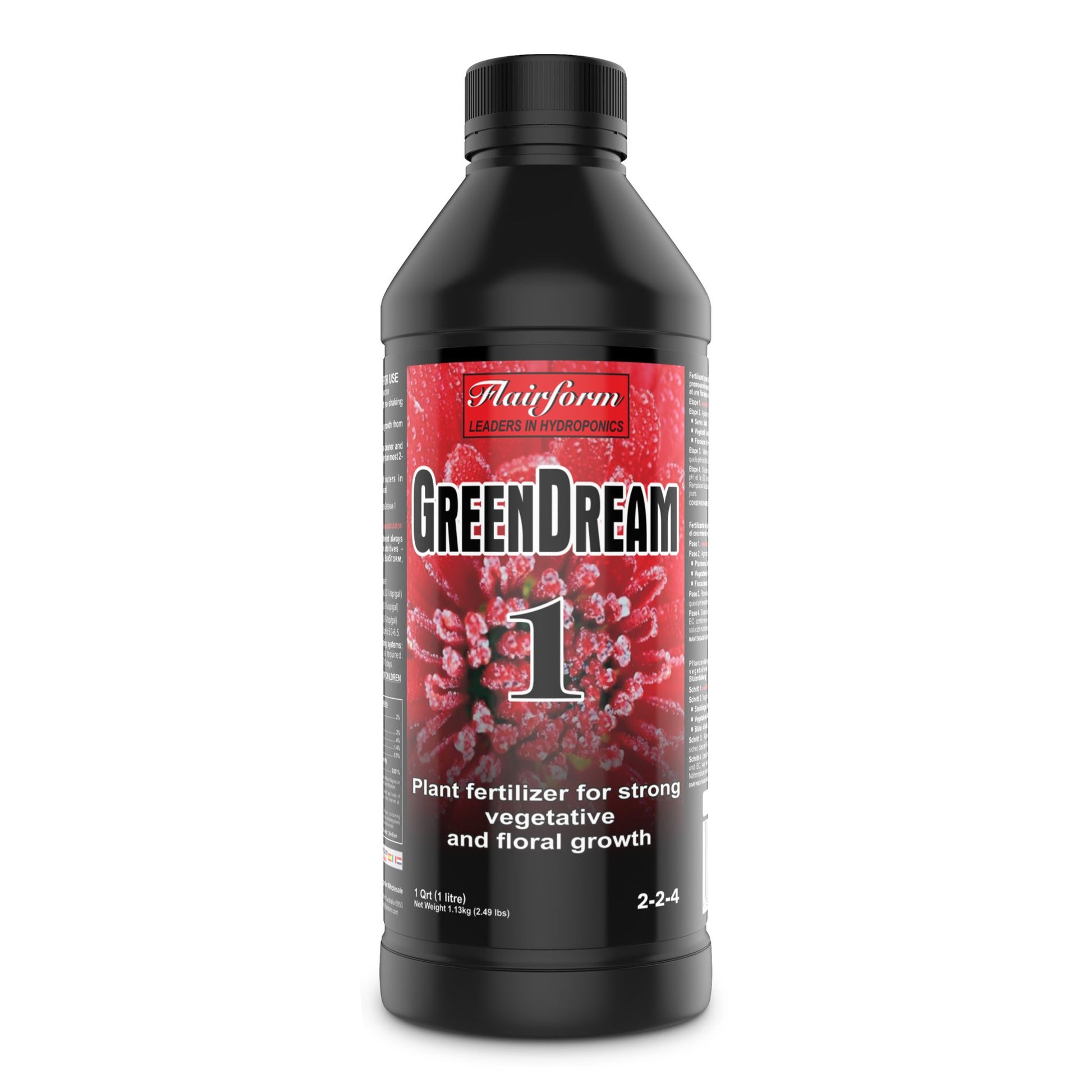 1-liter bottle of Flairform Green Dream 1, a versatile plant fertilizer promoting strong vegetative and floral growth for hydroponic, soil, and coco cultivation in New Zealand