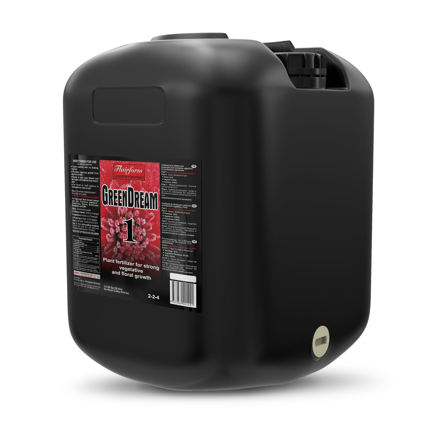 Large 20-liter container of Flairform Green Dream 1, a high-performance plant growth formula that supports vigorous vegetative and floral stages for commercial and serious growers in New Zealand
