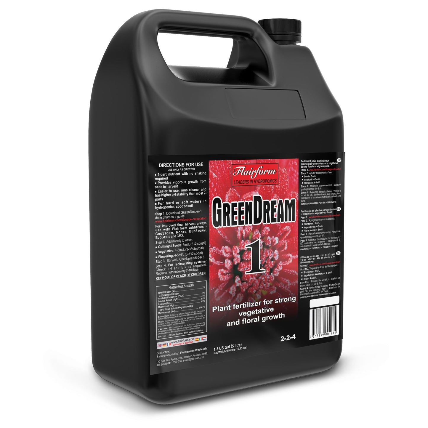 A 5-liter jug of Flairform Green Dream 1, an all-in-one liquid plant nutrient providing essential elements for robust vegetative and abundant floral development across all grow systems in NZ
