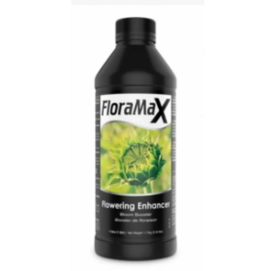 A 1-liter bottle of FloraMax Flowering Enhancer, a concentrated bloom booster designed to significantly increase flower size and density for growers in New Zealand