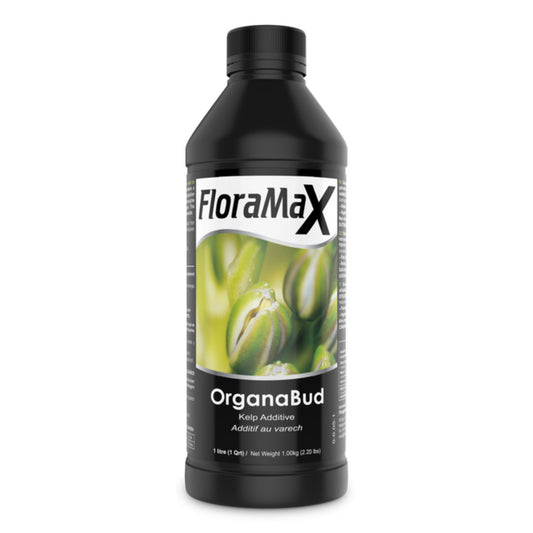 A 1-liter bottle of FloraMax Organabud, a natural kelp additive designed to promote strong plant health and vigorous floral development for growers in New Zealand