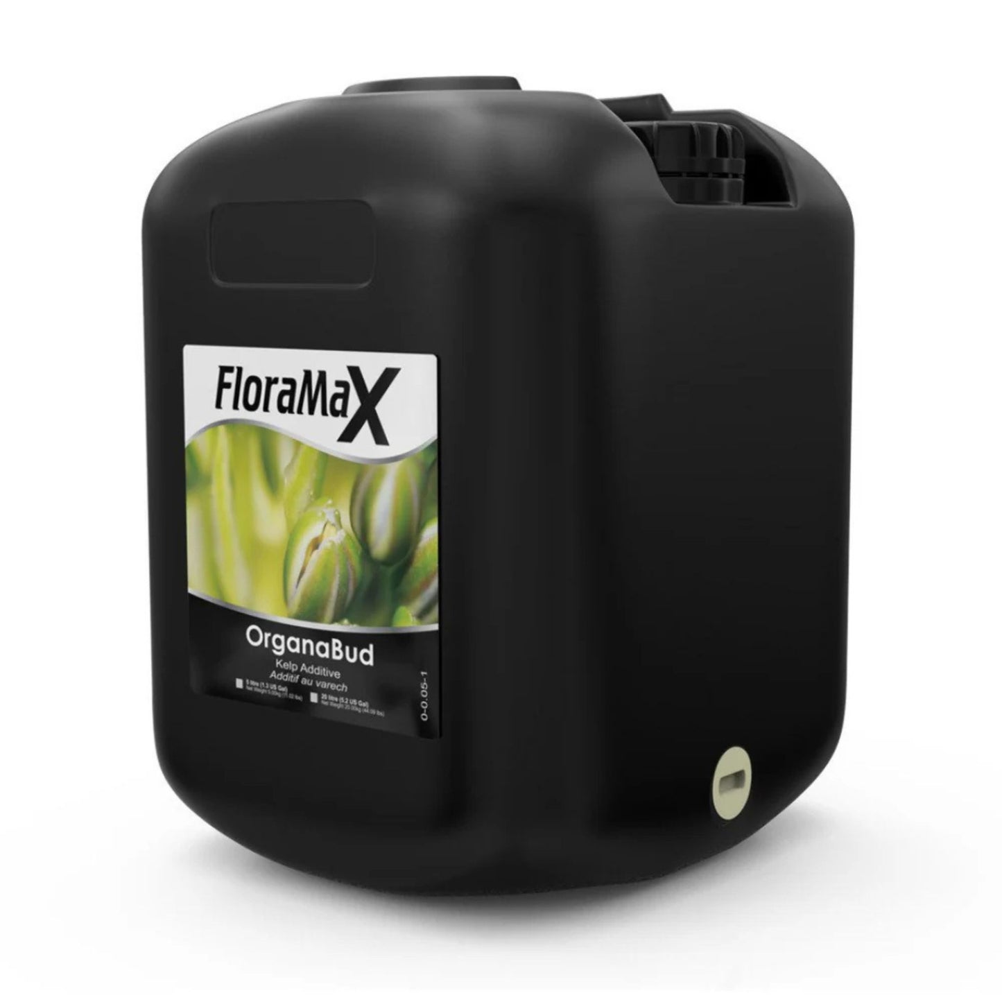 Large 20-liter container of FloraMax Organabud, a natural kelp-derived flower stimulant formulated to boost plant growth, improve bud development, and increase overall yields for commercial growers in New Zealand