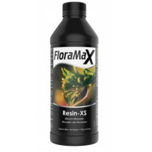 A 1-liter bottle of FloraMax Resin-XS, a powerful bloom booster formulated to enhance resin production and increase the potency of flowering plants for growers in New Zealand