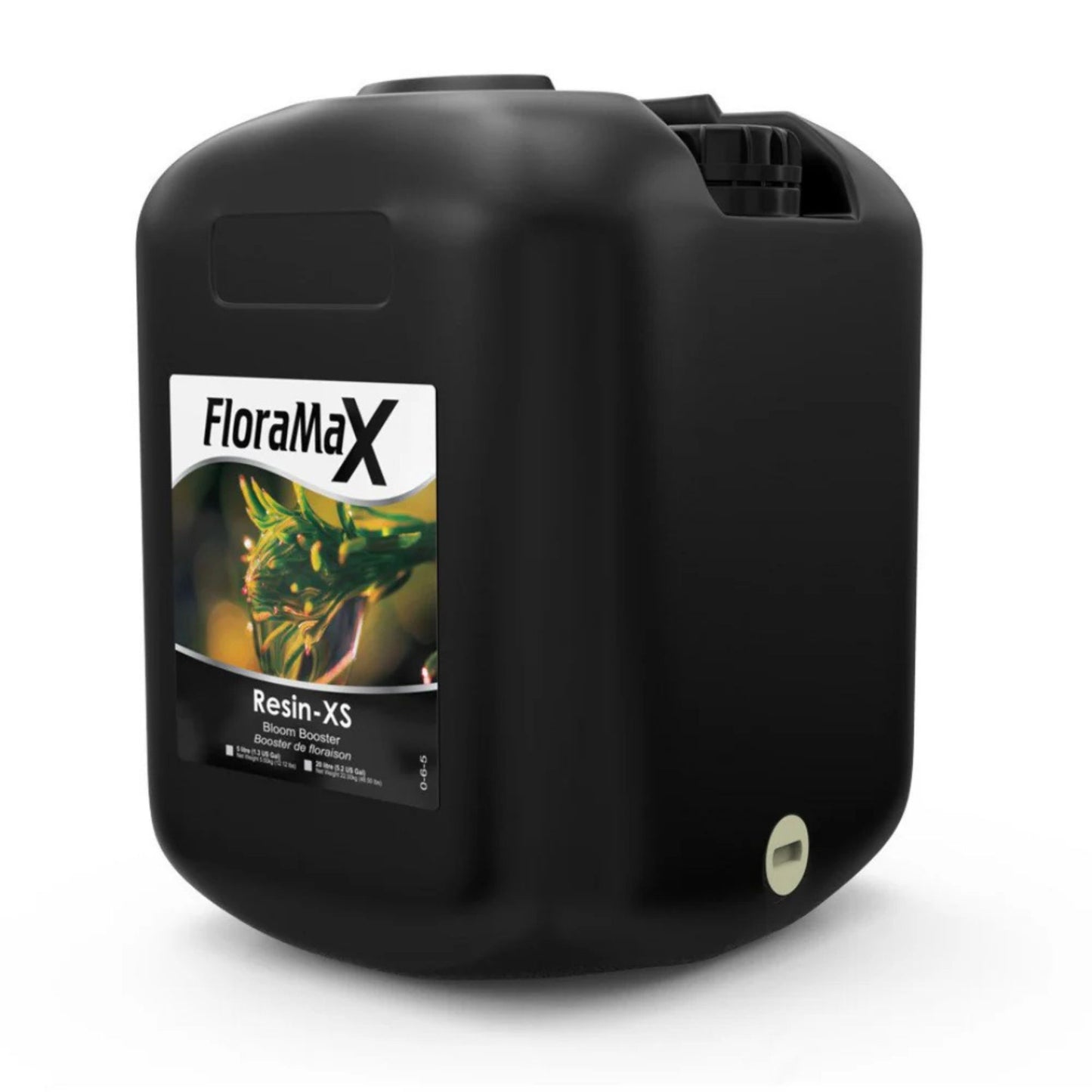 Large 20-liter container of FloraMax Resin-XS, a concentrated liquid flower enhancer designed to significantly boost oil and resin development in late-stage flowering for commercial growers in NZ