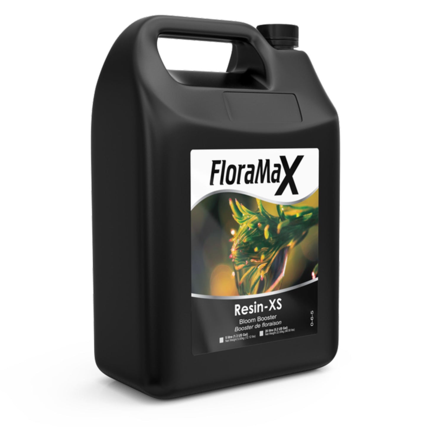 A 5-liter jug of FloraMax Resin-XS, a potent bloom stimulant and terpene enhancer that promotes increased aroma and flavor in flowering crops grown in New Zealand